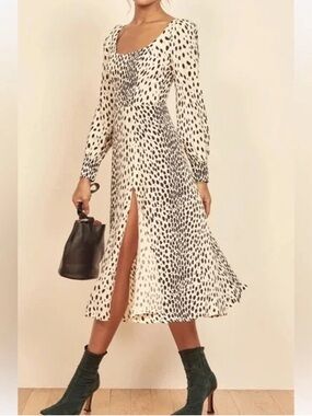 Reformation Alessi Dress in White and Black Spot Cheetah Print Midi Dress